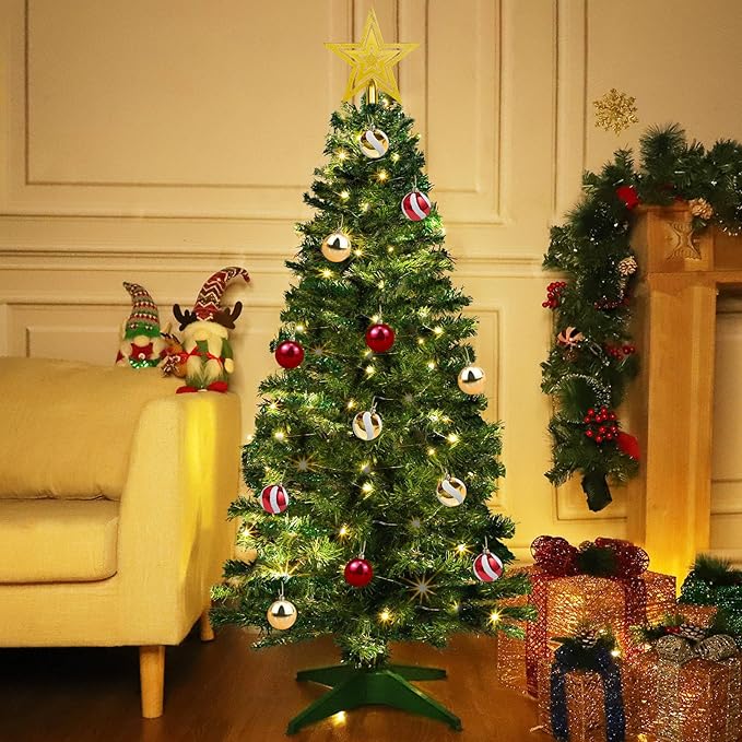 Remote 8 Mode & Timer 4 Ft Christmas Tree with 100 Warm White & Multi Color Change Lights 18 DIY Balls Ornaments 3D Star Battery Operated Small Xmas Tree Table Indoor Holiday Party Decor (Green)