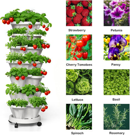Strawberry Planters, 7 Tiered Vertical Stackable Planter, Herb Stacking Tower Garden, Flower and Vegetable Planters with Support Pole Indoor and Outdoor with Removable Wheels - White