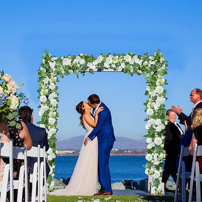 Sggvecsy 2Pcs 15.5Ft Artificial Rose Vine Fake Flower Garland Floral Garland Faux Silk Hanging Vine Rose Ivy Vines for Wedding Arch Party Wall Garden Ceremony Background Outdoor Decor (White)