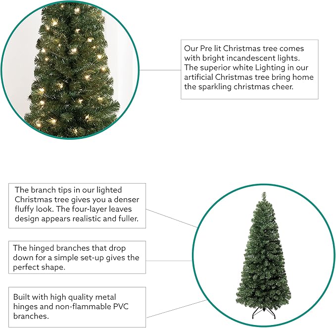 Vienna 4.5ft Prelit Slim Artificial Christmas Tree with 444 Branch Tips, 150 Warm Lights and Metal Stand, 25" Wide Realistic Skinny Pencil Christmas Tree with Lights by Naomi Home