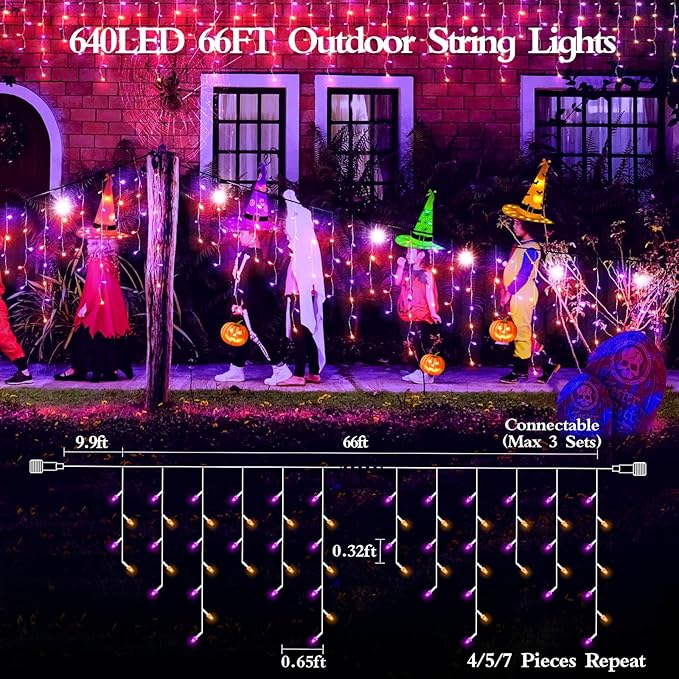 JXLEDAYY 65 FT 640 LED Halloween Lights Outdoor Decorations Clear Wire String Lights Plug in 120 Drops 8 Modes Memory Timer Curtain Fairy Lights Waterproof for Holiday Wedding Party-Orange and Purple