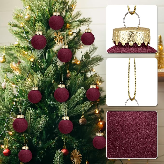 12 Pcs Velvet Christmas Balls Flocked Christmas Tree Hanging Ornaments Shatterproof Plastic Hanging Balls Decorations for Xmas Tree Party Home Holiday Decor (Wine Red, 3.15 inch)