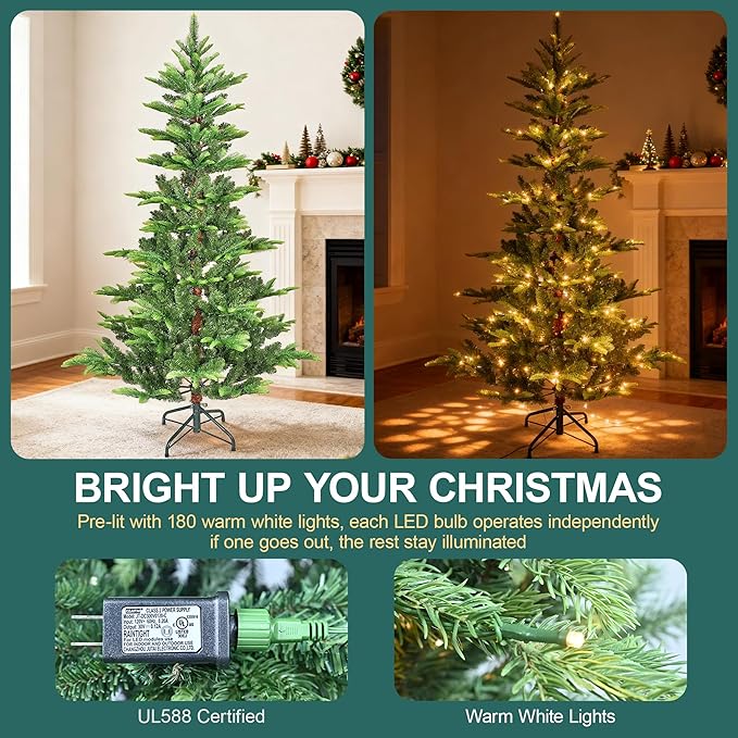 5FT Prelit Artificial Christmas Tree, Premium Douglas Fir Christmas Tree with 180 Warm White Lights & 502 Branch Tips, PE & PVC Pre Lit Hinged Xmas Trees with Metal Base for Party, Holiday Decoration