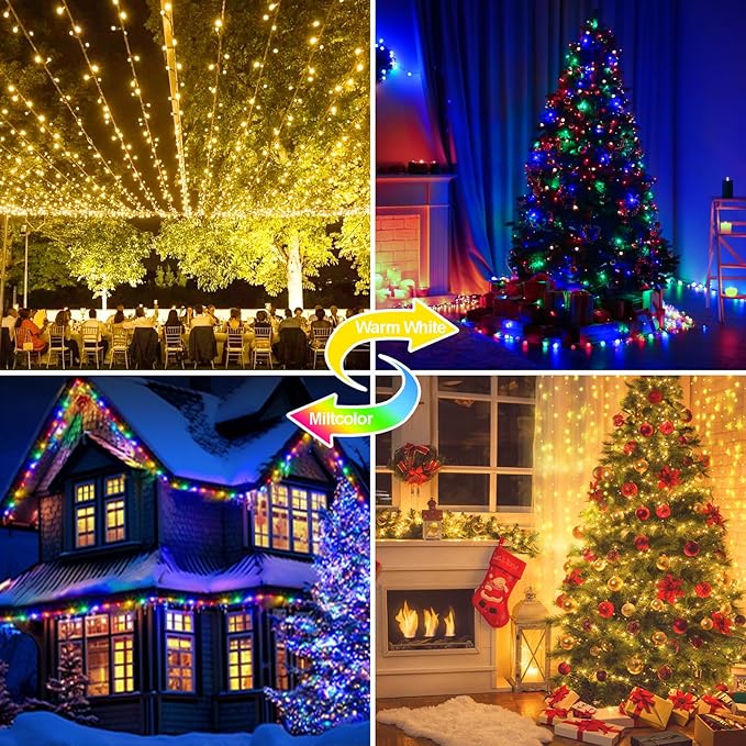 328 FT 720 LED Christmas Lights Outdoor Fairy Lights Plug In Color Changing String Lights Waterproof 11 Modes Timer for Outside House Tree Garden Wedding Party Decorations-Warm White to Multicolored