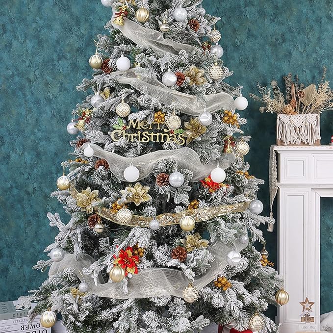 100PCS White and Gold Christmas Ornaments Set, Shatterproof Christmas Ball Ornaments Bulk, Assorted Decorations Baubles Hanging Ornaments for Christmas Trees Holiday Party Decor (White & Gold)