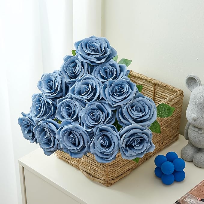 15pcs Dusty Blue Roses Artificial Flowers Silk Fake Flowers Realistic Dusty Blue Roses Bouquet Long Stem for Wedding Home Party Birthday Decoration
