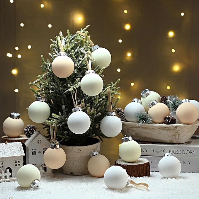 24 Pcs Neutral Matte Christmas Ball Ornaments 2.4 Inch Rustic Boho White Cream Beige Xmas Bulbs Ornament Vintage Xmas Baubles Modern Christmas Decor for Tree Farmhouse Holiday Decor
