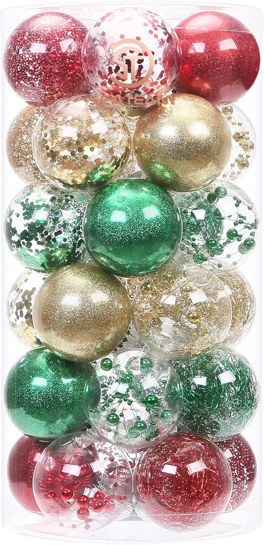 Sea Team 60mm/2.36" Shatterproof Clear Plastic Christmas Tree Ball Ornaments Set, Decorative Hanging Transparent Xmas Baubles with Stuffed Delicate Decorations (30 Counts, Gold, Red, Green)