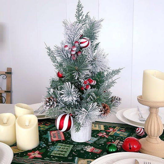 Tabletop Christmas Tree with Snow and Red White Balls for Home Decoration, Small Xmas Desk Tree for Indoor Outdoor, Red Berries Pinecone Small Tree