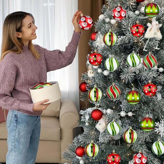 Leyndo 30 Pcs Christmas Ball Ornaments 2.4 Inch Lime Green Red White Whimsical Christmas Tree Decorations Glitter Elf Polka Dot Stripes Swirl Peppermint Candy Cane Xmas Bulbs for Tree(Stylish Style)