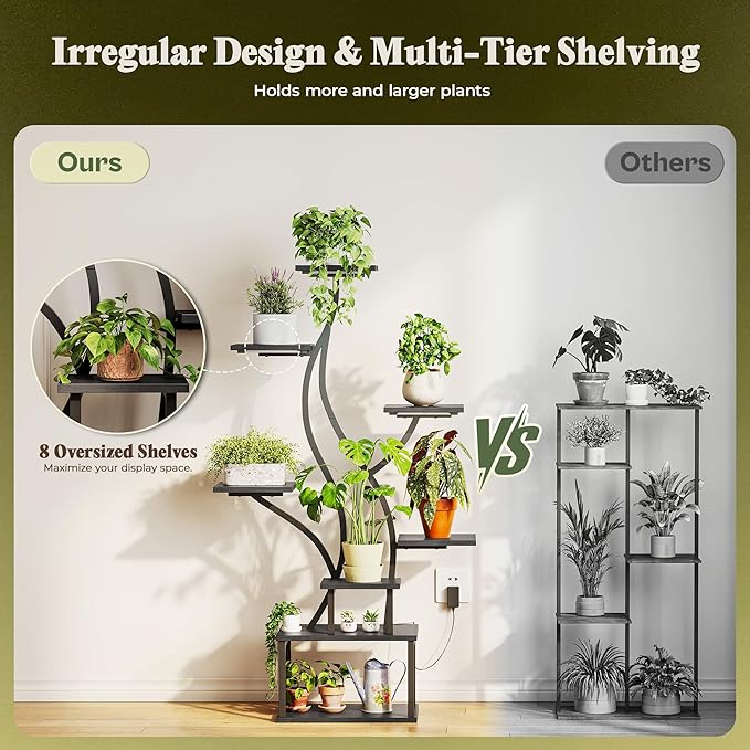 PRAISUN 51.3 Inch Plant Stand with Grow Light, 6 Tiered Indoor Plant Shelf with Larger Flower Holder, Pine-Shaped Stand, 3 Light Modes, Open Base, Corner Plant Rack for Living Room, Black