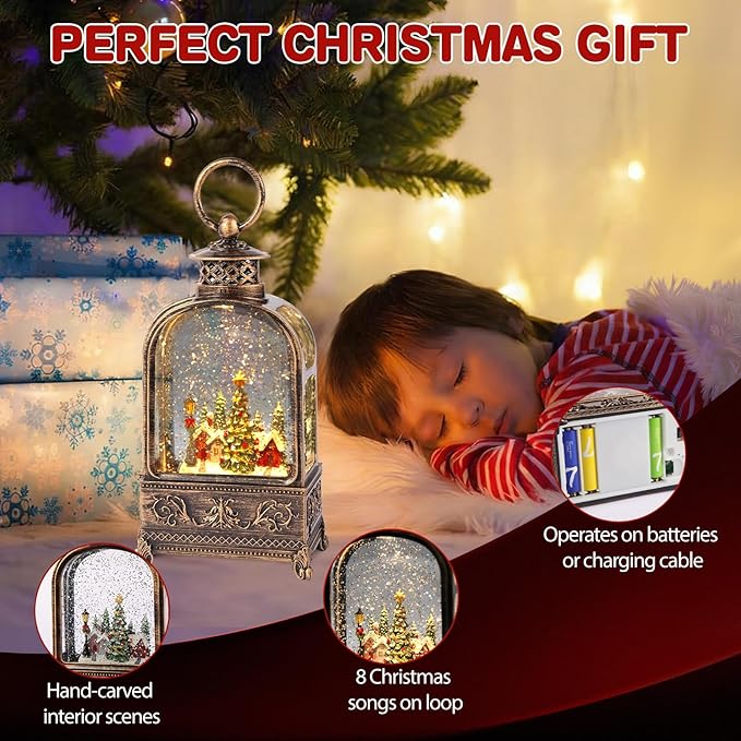 Village Snow Globe Christmas, Musical Snow Globe Lantern Lights with 6H Timer Battery & USB Powered, Retro Style Holiday Glitter Snow Globes for Xmas Home Decoration Indoor Holiday Party Gifts
