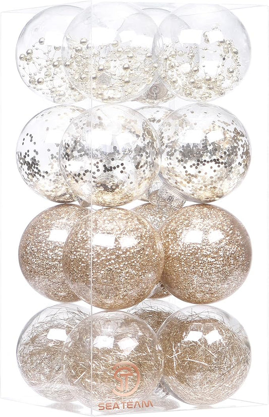 Sea Team Shatterproof Clear Plastic Christmas Ball Ornaments Decorative Xmas Balls Baubles Set with Stuffed Delicate Decorations (100mm/3.94 inch 16-Pack, Champagne)