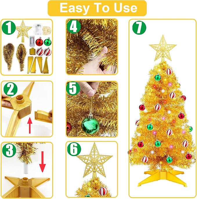3 FT Small Artificial Christmas Tree with 50 Warm White & Multicolor Lights 15 Ball Ornaments Full Mini Xmas Tree for Tabletop Indoor Home Office Table Desk Holiday Decoration Gold