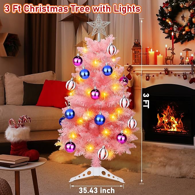 [Timer & 8 Modes] 3FT Pink Christmas Tree with Lights, Artificial Small Christmas Tree with Star -Includes 15 Xmas Balls Ornament Pink Xmas Trees Decorations for Home, Office, Indoor and Outdoor