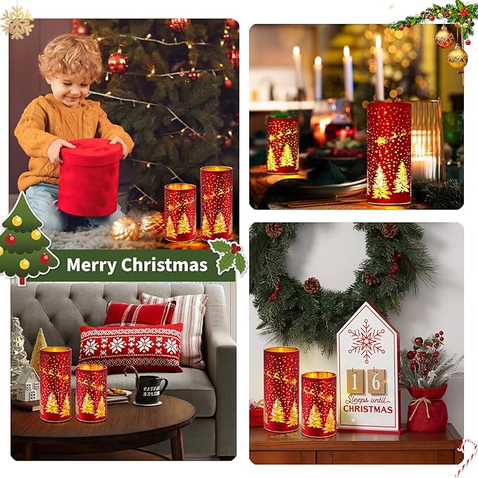 Christmas Decorations Indoor,Mercury Glass Lights with Timer,Battery Powered Fairy Light,LED Latern with Christmas Tree Deer Carvings, Lamps for Table Decor Home Centerpiece (Red)