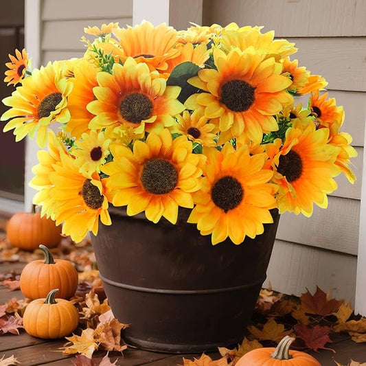Sunflower Artificial Flowers 8pcs Fall Flowers Outdoor Fake Sunflowers for Garden Patio Window Box Planter Home Porch Garden Wedding Party Office Indoor Autumn Decoration