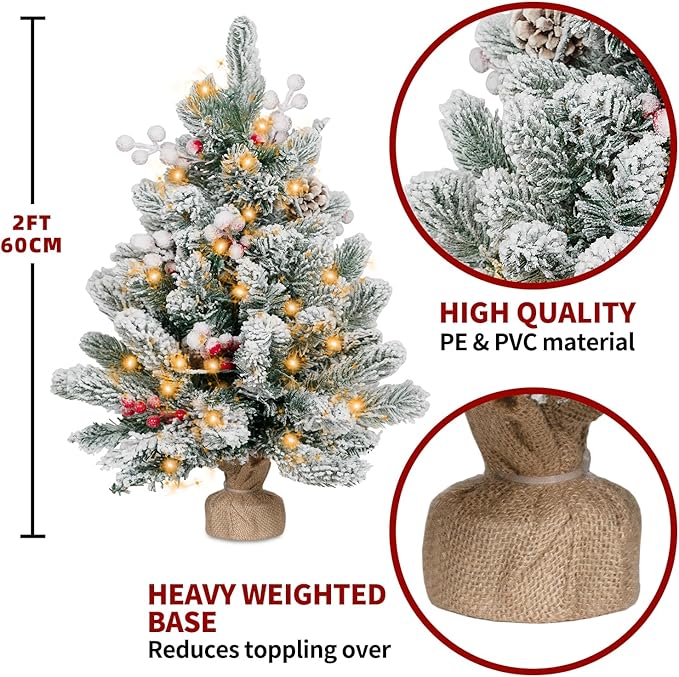 2FT Small Christmas Tree,Flocked Artificial Mini Christmas Tree with Lights,Tabletop Xmas Tree with Ornaments,Christmas Decoration for Party by DNKMOR