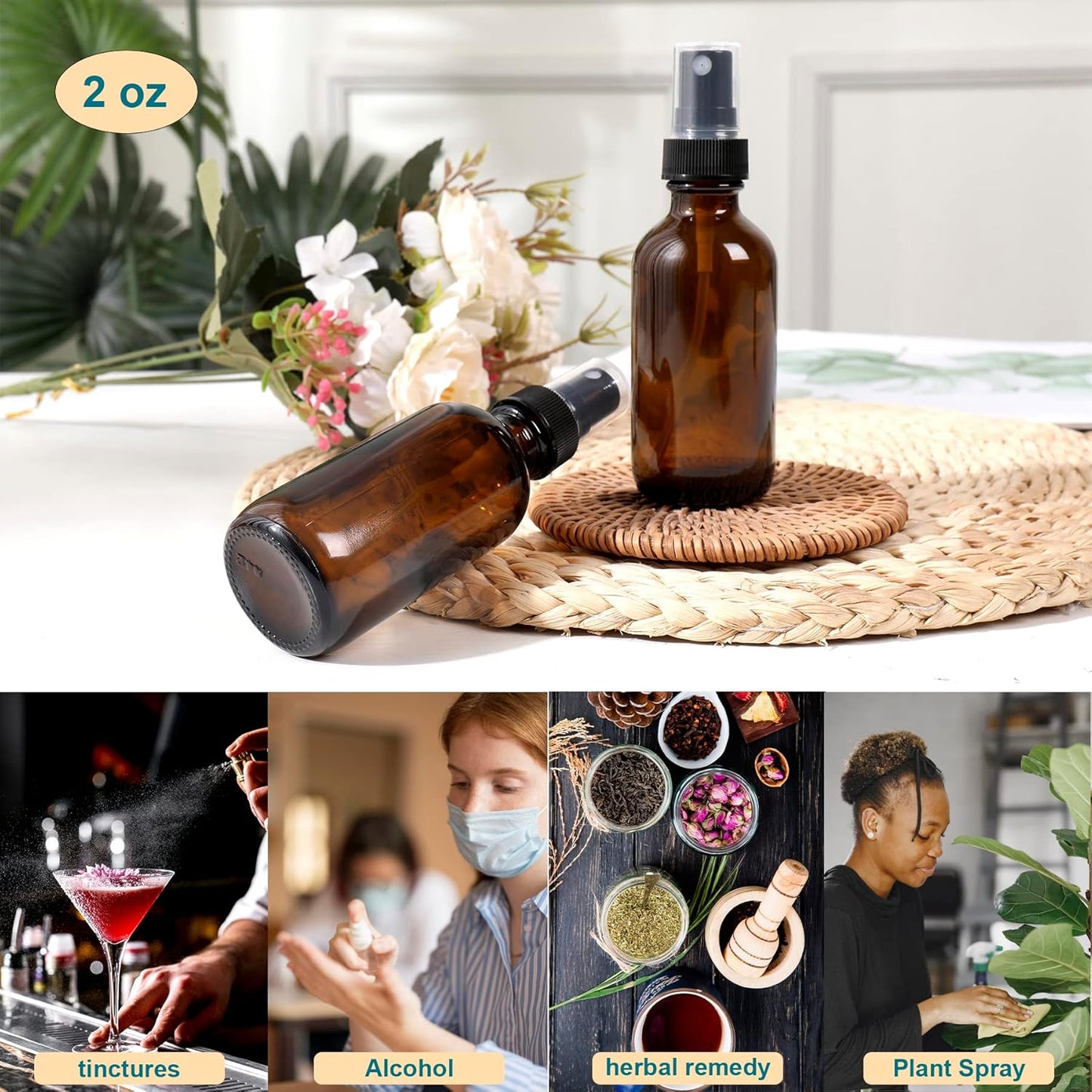 Amber Glass Small Spray Bottle 2 oz 48 Packs,Fine Mist Sprayer Small Clear Bottles,Refillable Containers mini spray bottles for Cleaning Solutions and Skin Care (Amber 48pcs)