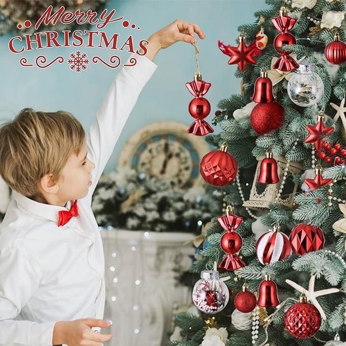 ILLUMINEW 111-Pack Christmas Balls Ornaments,Assorted Shatterproof Christmas Ornaments Set, Xmas Seasonal Luxurious Hanging Pendants Gift Package for Tree Party Holiday Indoor Decor(Red)
