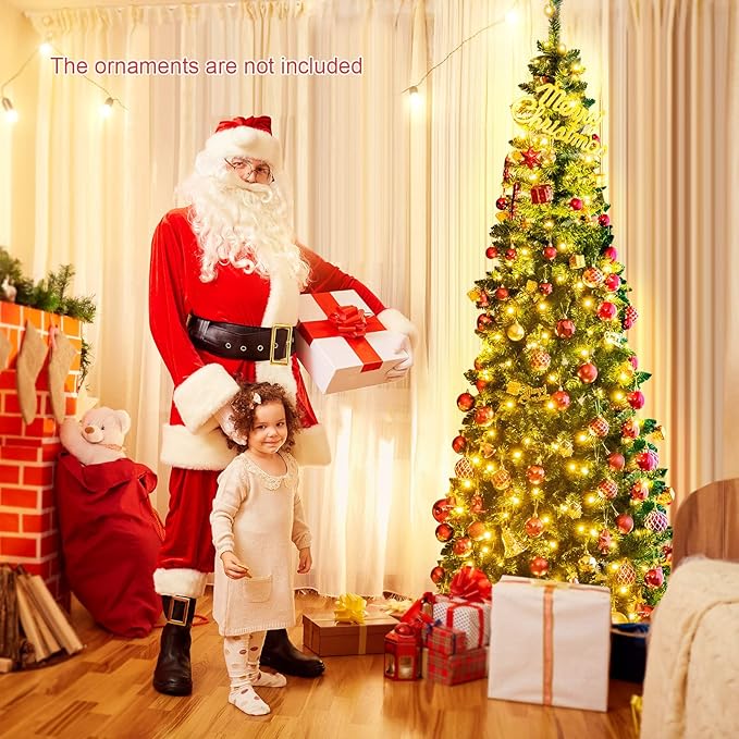 Goplus 7.5ft Prelit Pencil Christmas Tree, Premium Hinged Fir Tree, with Warm White LED Lights and Solid Metal Stand, Easy Assemble, Ideal Artificial Xmas Tree for Home and Office