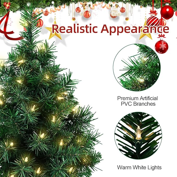 Tabletop Mini Christmas Tree 22 Inch - Mini Artificial Christmas Tree with 35 Warm White Lights, 75 Branch Tips & Red Cloth Bag Base, Perfect DIY Christmas Decorations, Green