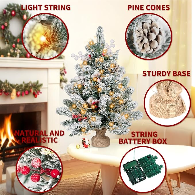 2FT Small Christmas Tree,Flocked Artificial Mini Christmas Tree with Lights,Tabletop Xmas Tree with Ornaments,Christmas Decoration for Party by DNKMOR