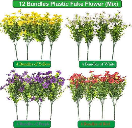 Artificial Fake Plants Flowers for Outdoor Spring Decoration, 16 Bundles Faux Silk Colorful Daisy UV Resistant Realistic for Outside Porch Patio Home Yard Garden Planters Pots Window Box(Mix)