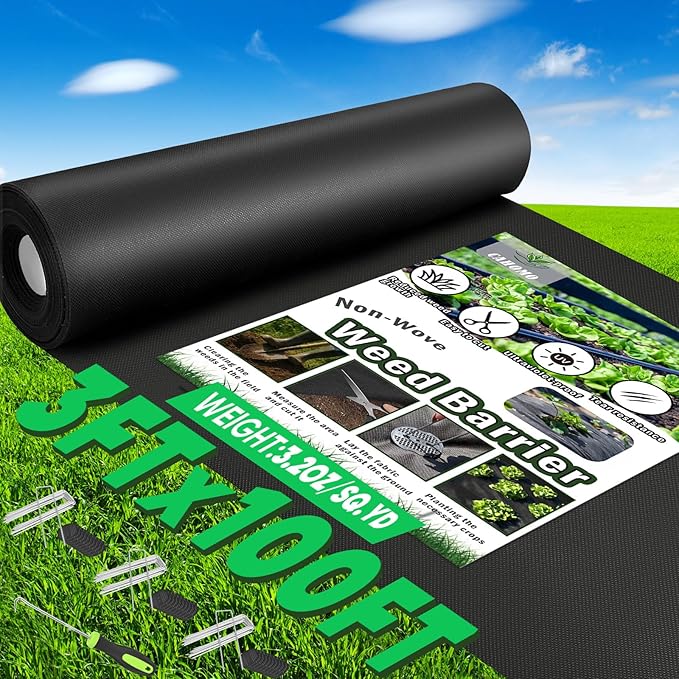 Non-Woven Thick Weed Barrier Fabric 3FT x 100FT, 3.2 oz Heavy Duty Weed Barrier Landscape Fabric, Ground Cover for Superior Weed Control, Easy Setup for Gardens, Landscaping, Flower Beds