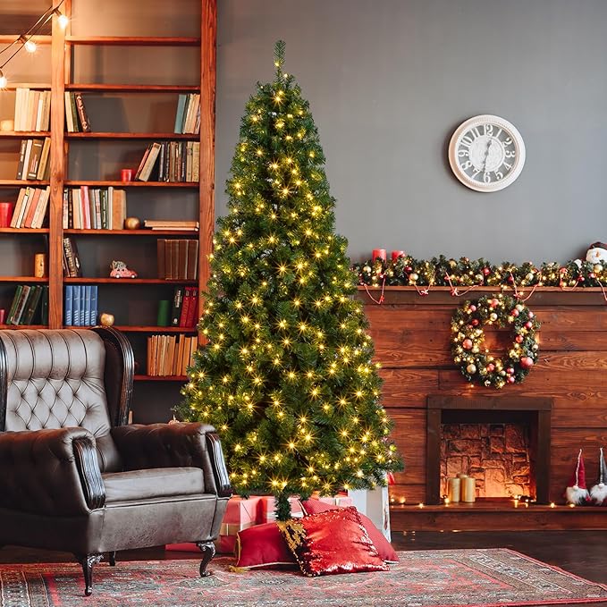 VINGLI 7ft Christmas Tree with 200 Warm LED Lights, 1100 Full PVC Tips, Pre-Lit Artificial Xmas Tree with Sturdy Metal Stand, 8 Lighting Modes for Holiday & Party Decorations