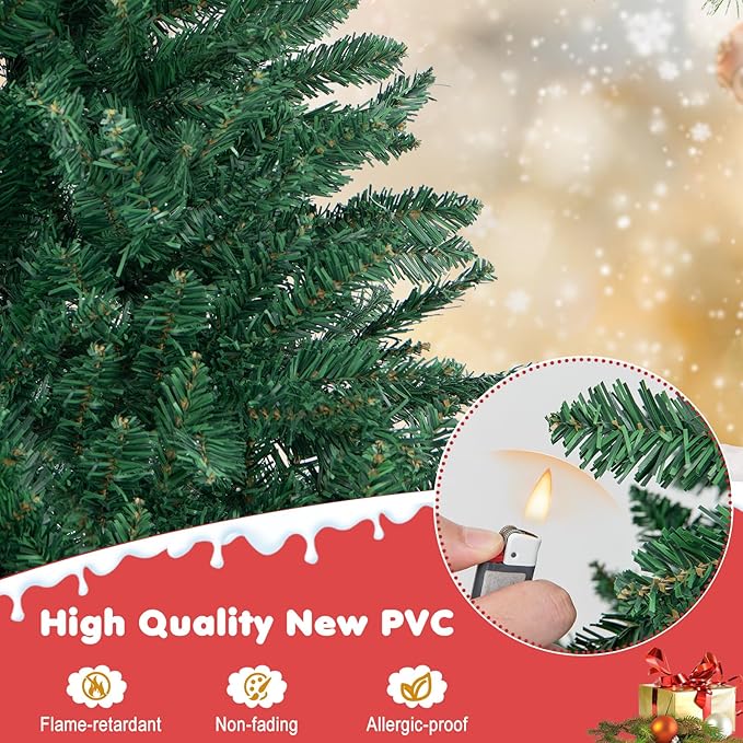 HAPPYGRILL 7.5FT Artificial Xmas Tree, Hinged Fake Xmas Tree with 2254 PVC Branch Tips, Foldable Metal Stand, A Pair of Gloves, Seasonal Decoration Tree for Home Office Party Festival