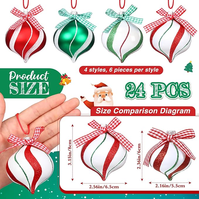 Syhood 24 Pcs Christmas Tree Ornaments, Christmas Ball Decorations Set, Shatterproof Baubles Xmas Tree Hanging Decor, Peppermint Candy Ball Red White Green Stripes Party Holiday(Bright,2.56 Inches)