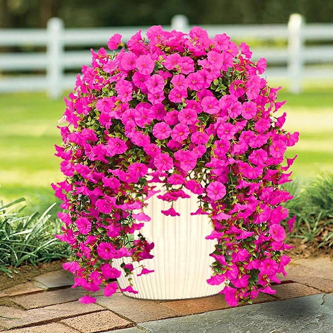 Rich and Eye-catching 5 PCS Artificial Hanging Flowers，Silk Morning Glory Faux Flowers with Eucalyptus Leaves,uv Resistant Fake Hanging Petunias Plants for Yard Decoration(Fuchsia)