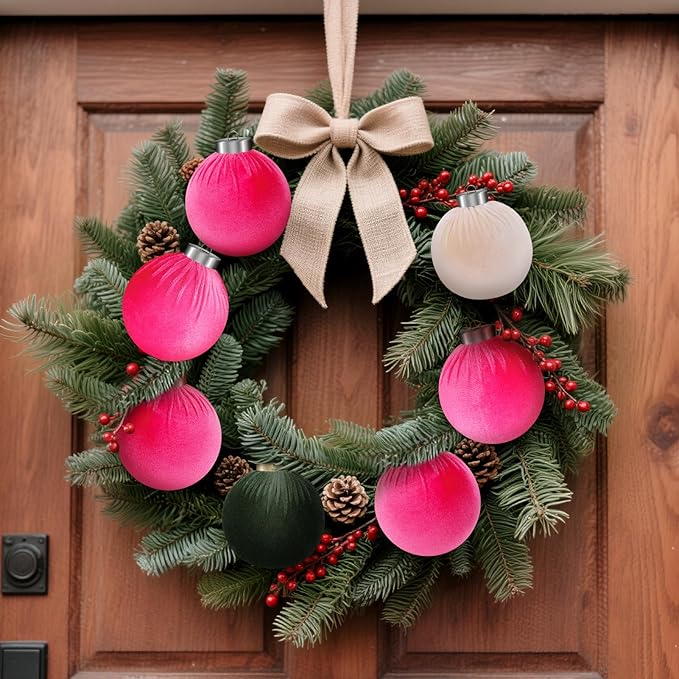 9 Pcs Pink Christmas Tree Ornaments Set, 80mm/3.15in Large Velvet Christmas Balls for Xmas Tree Decorations Shatterproof Hanging Flocked Balls Ornaments Hot Pink