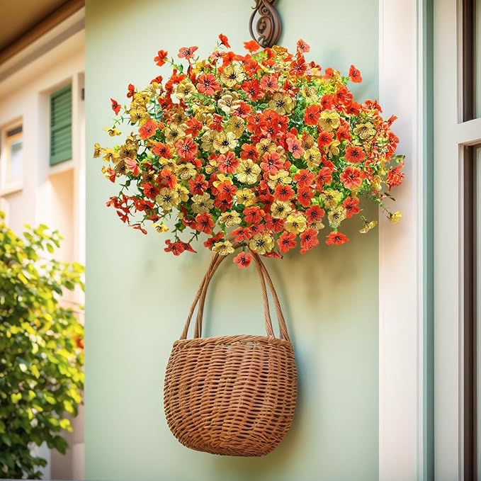 SHIAWASENA Realistic Outdoor Fake Plants Flowers, Artificial Flowers, UV Resistant, 12 Bundles Faux Silk Colorful Violet Flowers Bouquet with Eucalyptus (Yellow & Orange)