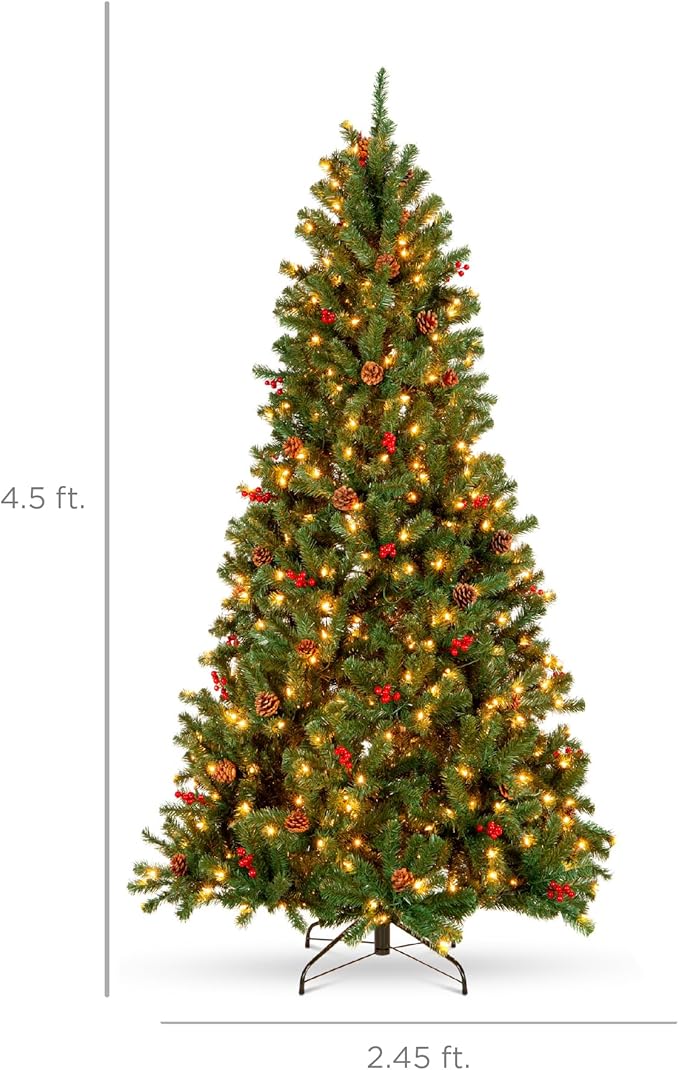 Best Choice Products 4.5ft Pre-Lit Pre-Decorated Spruce Hinged Artificial Christmas Tree w/ 398 Tips, Pinecones, Berries, 150 Lights, Metal Base