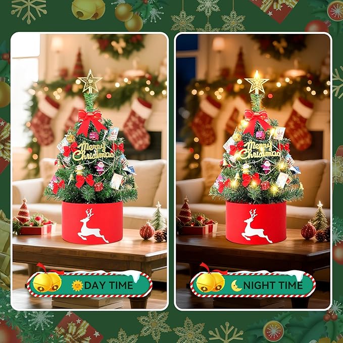 2FT Mini Christmas Tree with Lights, Pre-Lit Artificial Christmas Tree with Tree Skirt & Star Topper, Green Tabletop Xmas Tree for Home, Office, Bedroom, Party Decor (Battery Not Included)