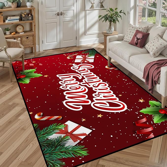 5' X 7' Christmas Rug Merry Xmas Door Mat Non-Slip Indoor Outdoor Front Door Doormat Living Room Bedroom Entrance Rug Happy Xmas Home Festive Decoration