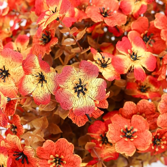 Outdoor Artificial Fall Flowers 6PCS, All Weather Fade Proof, UV Resistant Waterproof Realistic Faux Silk Mums Daisies Orange & Sunset Red for Hanging Planters Porch Patio Balcony Deck & Garden Decor