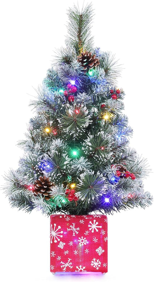 Brightever 2FT Small Christmas Tree, Prelit Mini Christmas Tree with Multi-Color LED Lights, Battery Powered Little Xmas Tree with Frosted Tips for Table Top, Green, Snowflake Gift Box Base Included
