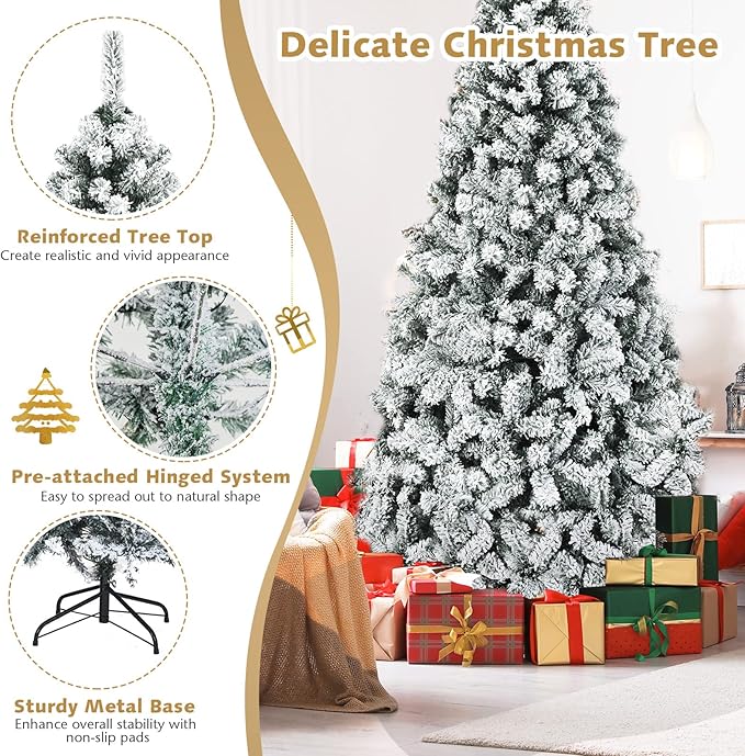 COSTWAY 7.5 FT Pre-Lit Christmas Tree, Snow Flocked Hinged Xmas Tree with 1010 Branches Tips & 450 LED Lights, Metal Stand, Artificial Pine Lighted Holiday Tree for Home Office Decorations