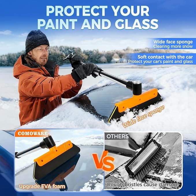 COMOWARE Telescoping 2-in-1 Snow Broom & Ice Scraper for Windshield, 32.5 in No-Scratch Snow Brush with Foam Head, Snow Remover Tool for SUV/Truck, Windows, Roof