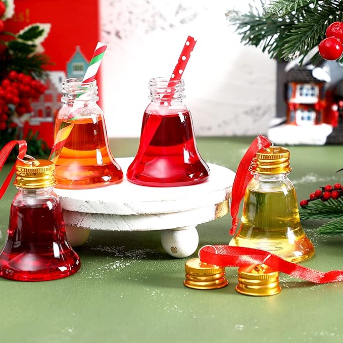 Patelai 18 Pcs Christmas Drink Balls Clear Shot Glass Ornaments Xmas Tree Fillable Ornaments Plastic Xmas Water Bottle Bulbs for Holiday Party Decorations(Bell,50 ml)