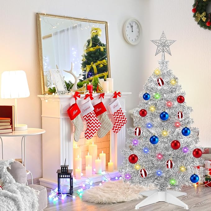 [ Timer & 12 Modes ] 3 Ft Sliver Christmas Tree with DIY 50 Warm White & Multi Color Lights 15 Ball Ornaments 3D Star Remote Control Battery Operated Pencil Full Tree Xmas Christmas Decorations Table