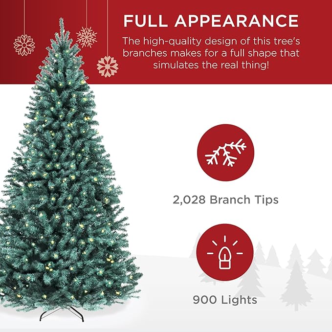 Best Choice Products 9ft Pre-Lit Blue Spruce Christmas Tree, Artificial Full Hinged Decor, Holiday Decoration w/ 700 Warm White Incandescent Lights, 2,236 Tips, Foldable Metal Base