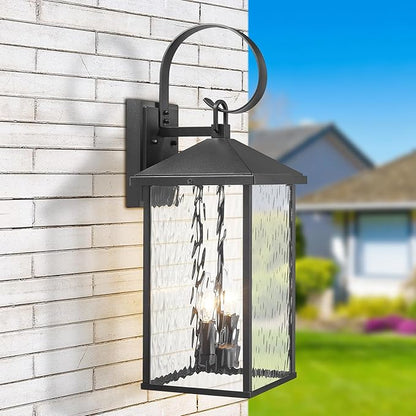 Large Outdoor Wall Lights Fixtures Wall Mount, 21.65" Large Outdoor Lanterns for Porch Light Fixture 2-Light, Modern Exterior Lighting Fixtures with Water Ripple Glass for Outside Patio