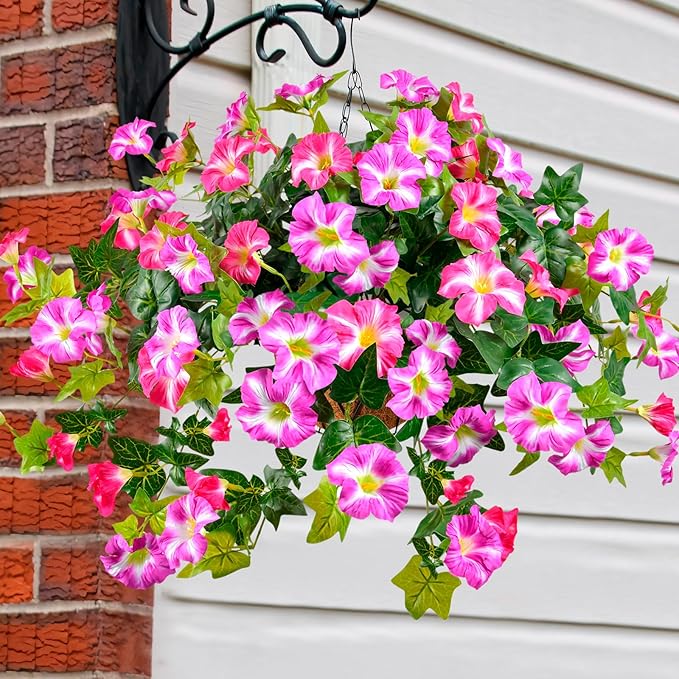 Artificial Flowers for Outdoors 2 Pack UV Resistant Petunias with Real Touch Plastic Leaves, Faux Flowers for Outdoor Planters, Silk Flowers for Outside Garden Porch Window Patio Home Decor, Fuchsia