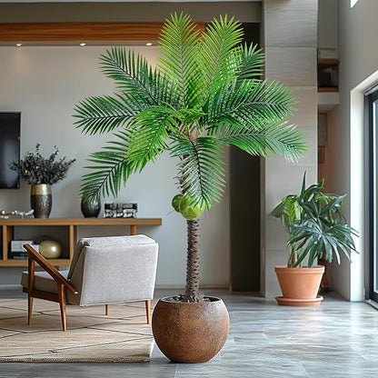 6FT Artificial Phoenix Palm Tree with Coconut Fruit Artificial Plants Indoor Outdoor Large Faux Coconut Silk Palm Tree Tropical Fake Palm Plant for Modern Farmhouse Yard Outside Patio Poolside