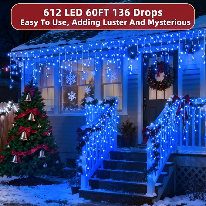 612 LED 60ft Christmas Lights with 136 Drops, 12 Lighting Modes Blue Christmas Decoration Twinkling Lights Dimmable, Timer Outdoor Waterproof Fairy Lights for Indoor Xmas Garden House Eaves Roof