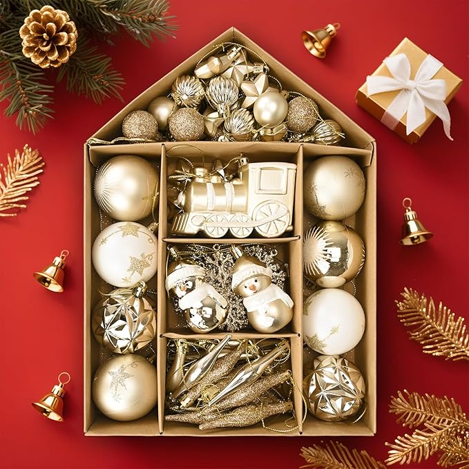 70 Pcs Christmas Ball Ornaments Set，Shatterproof Gold Ornaments for Xmas Tree，Christmas Ball Tree Hanging Ornaments for Christmas Decoration (Gold)